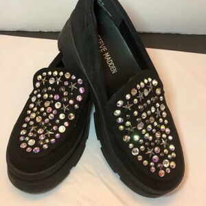 Sz 1 Steve Madden JLoosy black jeweled platform loafer for kids